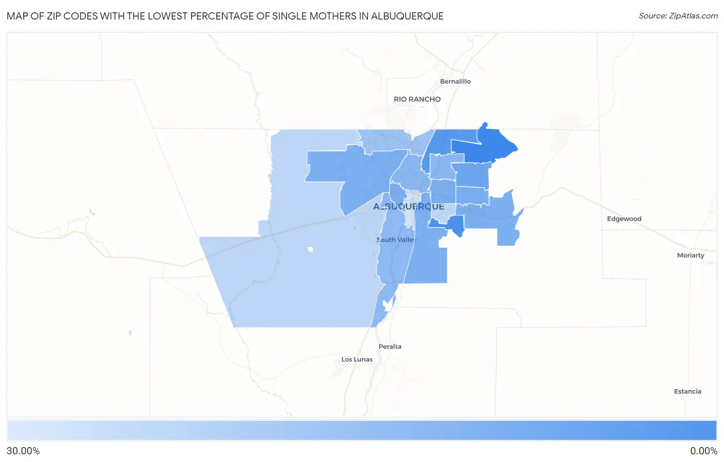 Zip Codes with the Lowest Percentage of Single Mothers in Albuquerque Map