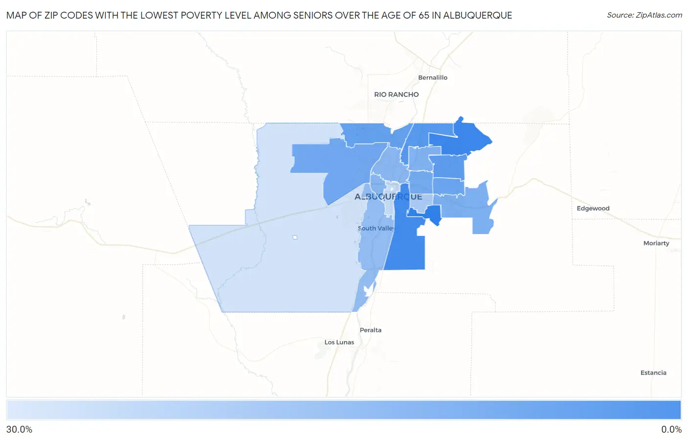 Zip Codes with the Lowest Poverty Level Among Seniors Over the Age of 65 in Albuquerque Map