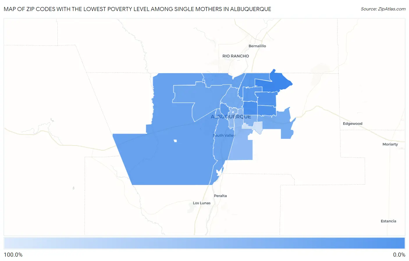Zip Codes with the Lowest Poverty Level Among Single Mothers in Albuquerque Map
