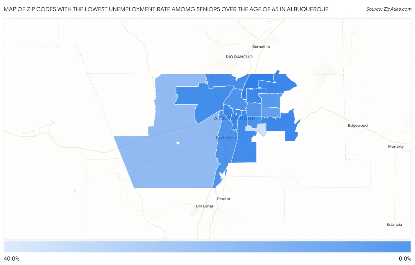 Zip Codes with the Lowest Unemployment Rate Amomg Seniors Over the Age of 65 in Albuquerque Map