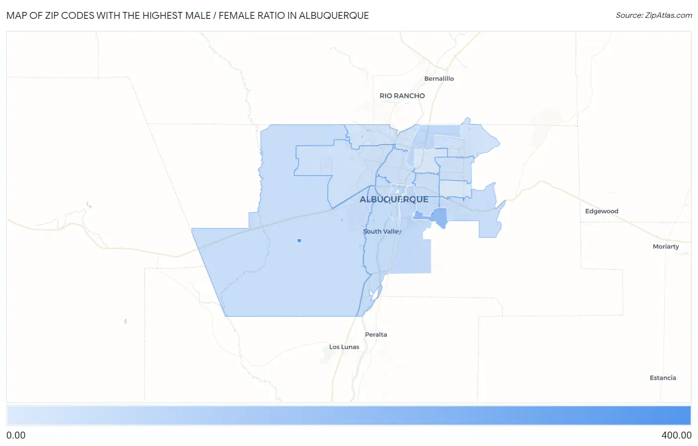 Zip Codes with the Highest Male / Female Ratio in Albuquerque Map