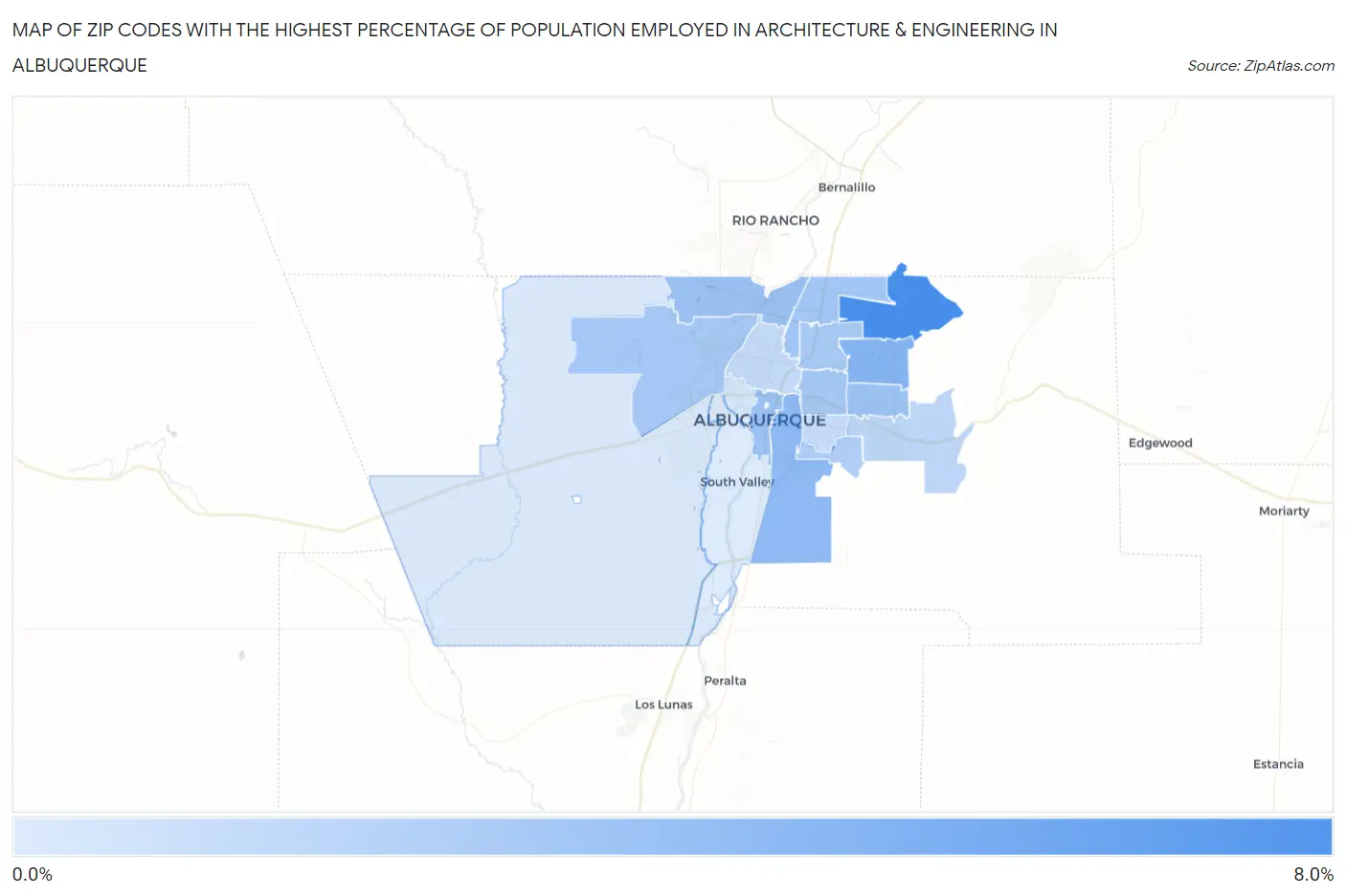 Zip Codes with the Highest Percentage of Population Employed in Architecture & Engineering in Albuquerque Map