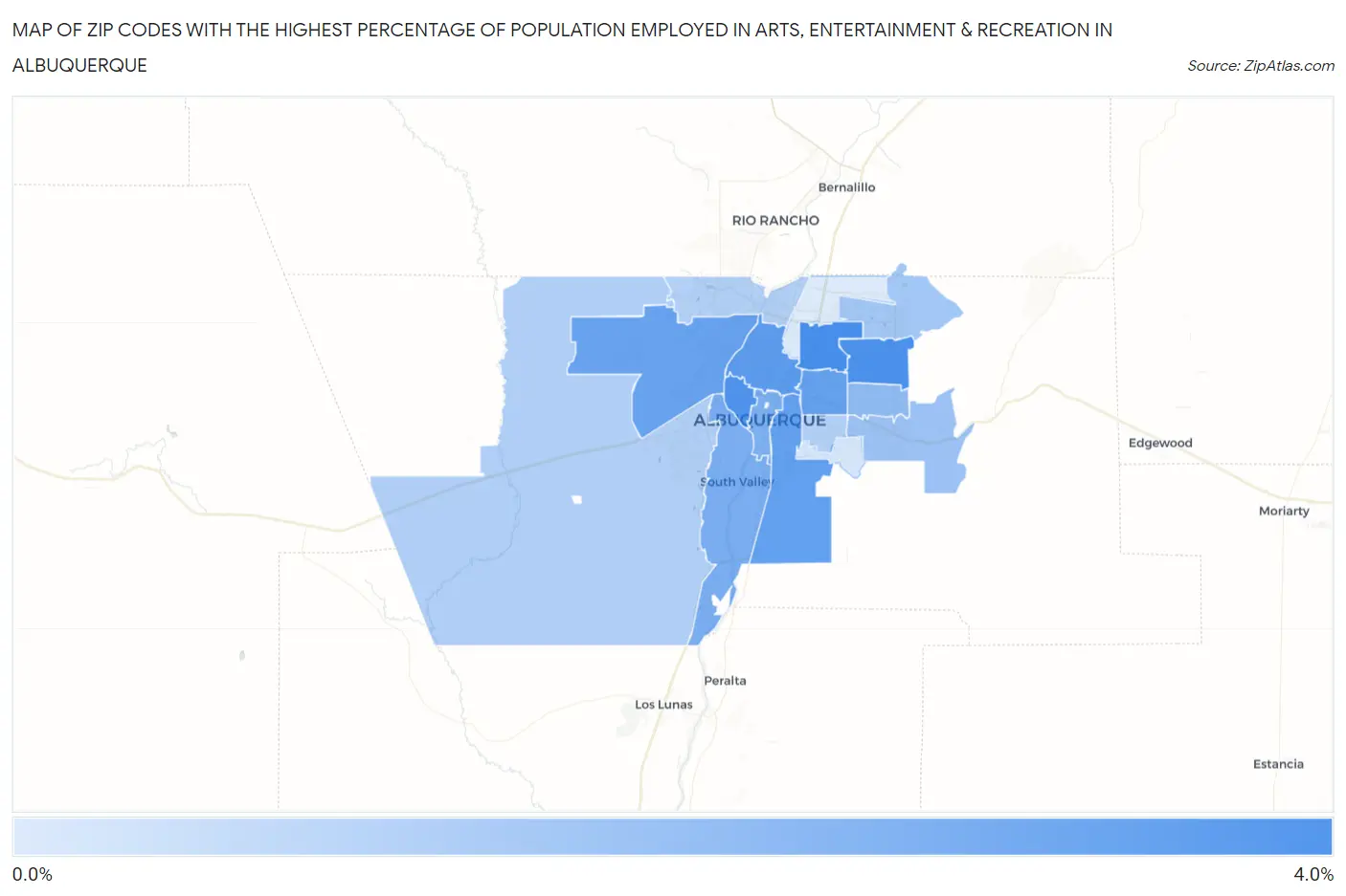 Zip Codes with the Highest Percentage of Population Employed in Arts, Entertainment & Recreation in Albuquerque Map