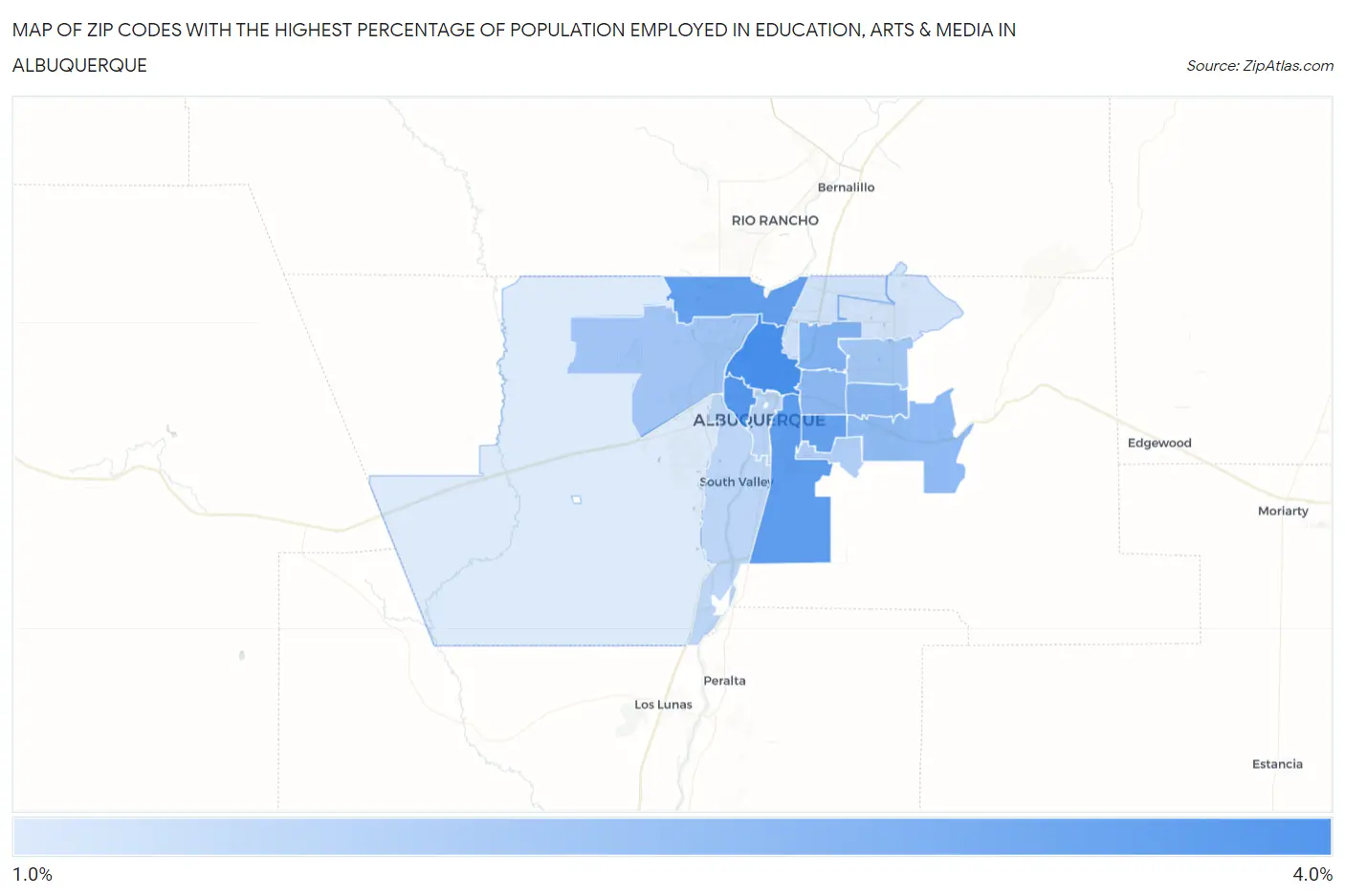 Zip Codes with the Highest Percentage of Population Employed in Education, Arts & Media in Albuquerque Map
