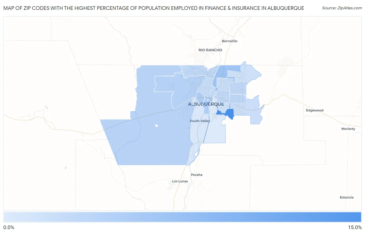 Zip Codes with the Highest Percentage of Population Employed in Finance & Insurance in Albuquerque Map