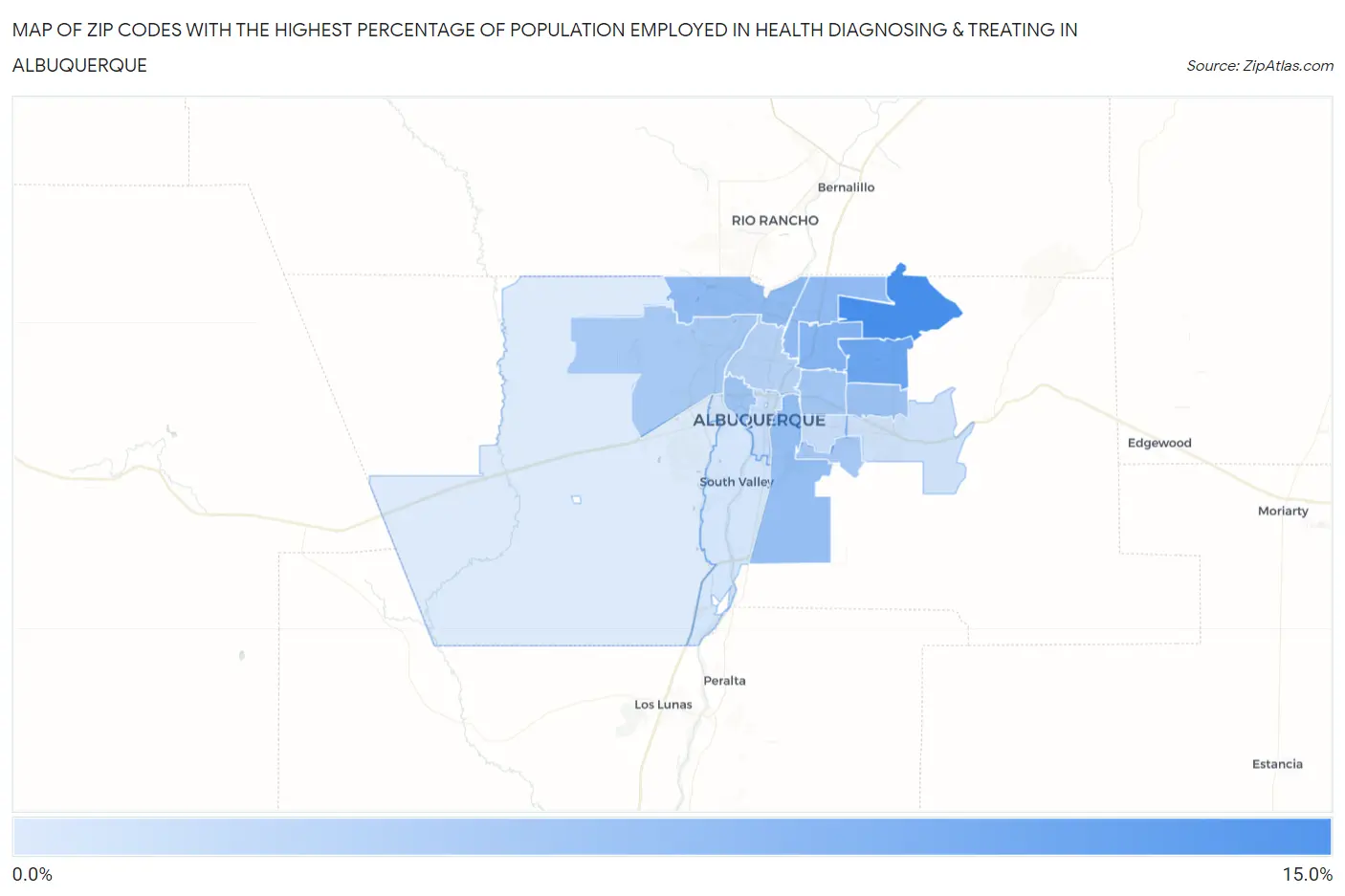 Zip Codes with the Highest Percentage of Population Employed in Health Diagnosing & Treating in Albuquerque Map