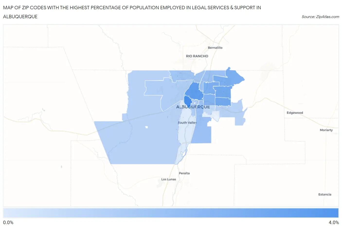 Zip Codes with the Highest Percentage of Population Employed in Legal Services & Support in Albuquerque Map