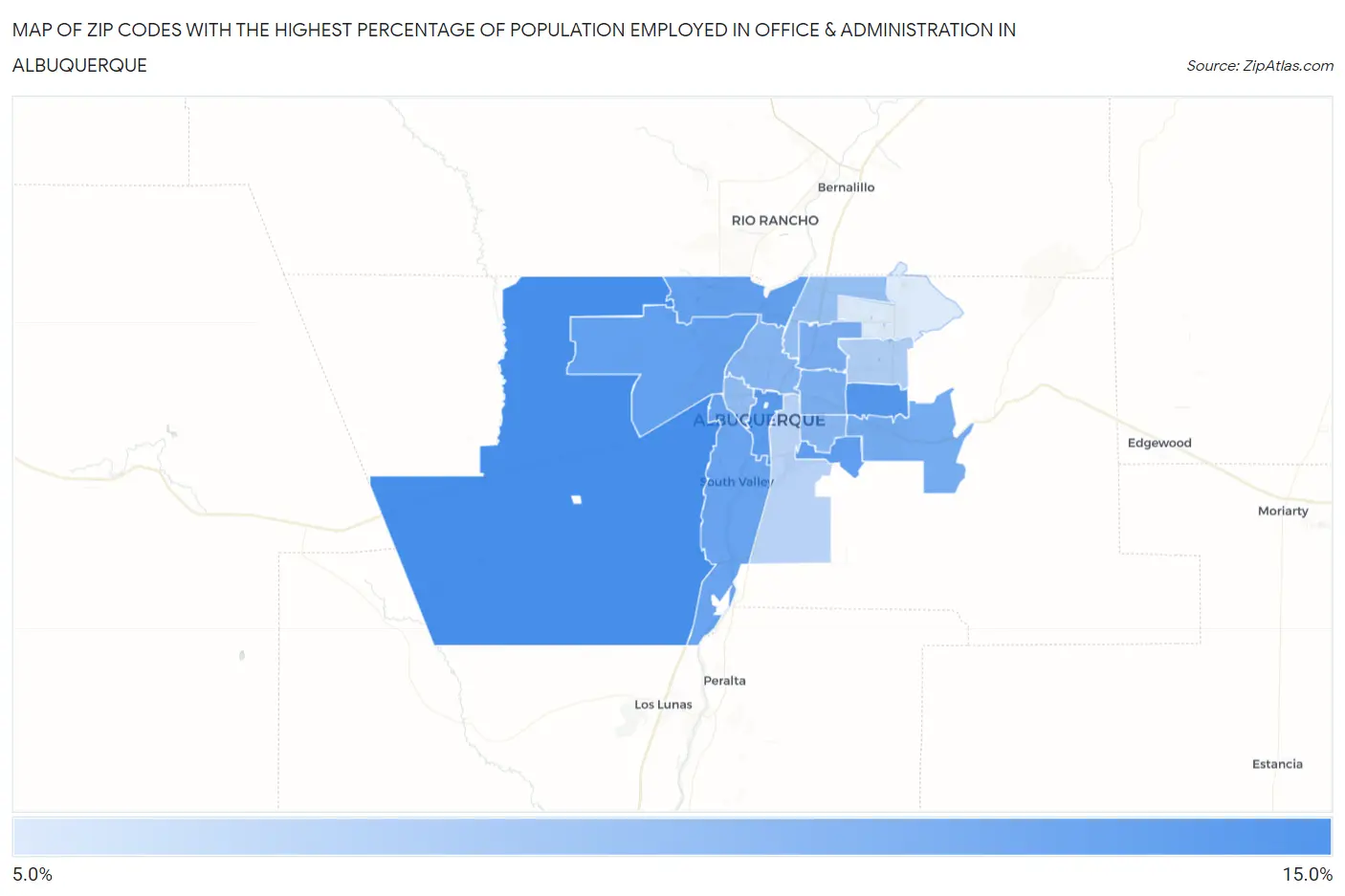 Zip Codes with the Highest Percentage of Population Employed in Office & Administration in Albuquerque Map