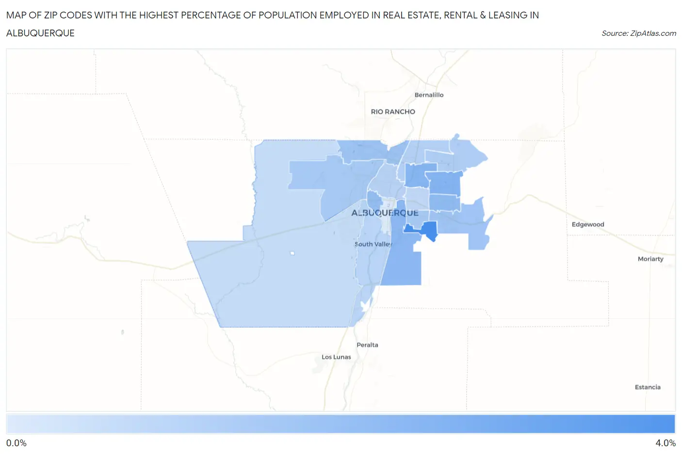 Zip Codes with the Highest Percentage of Population Employed in Real Estate, Rental & Leasing in Albuquerque Map