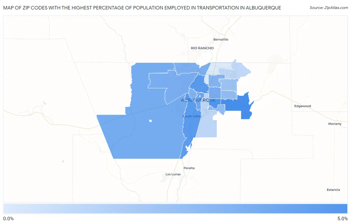 Zip Codes with the Highest Percentage of Population Employed in Transportation in Albuquerque Map