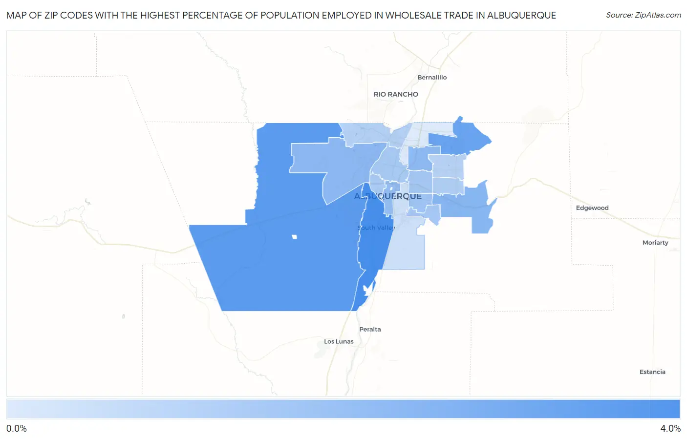 Zip Codes with the Highest Percentage of Population Employed in Wholesale Trade in Albuquerque Map