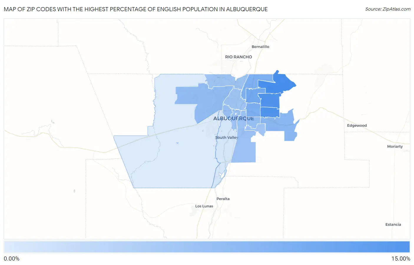 Zip Codes with the Highest Percentage of English Population in Albuquerque Map