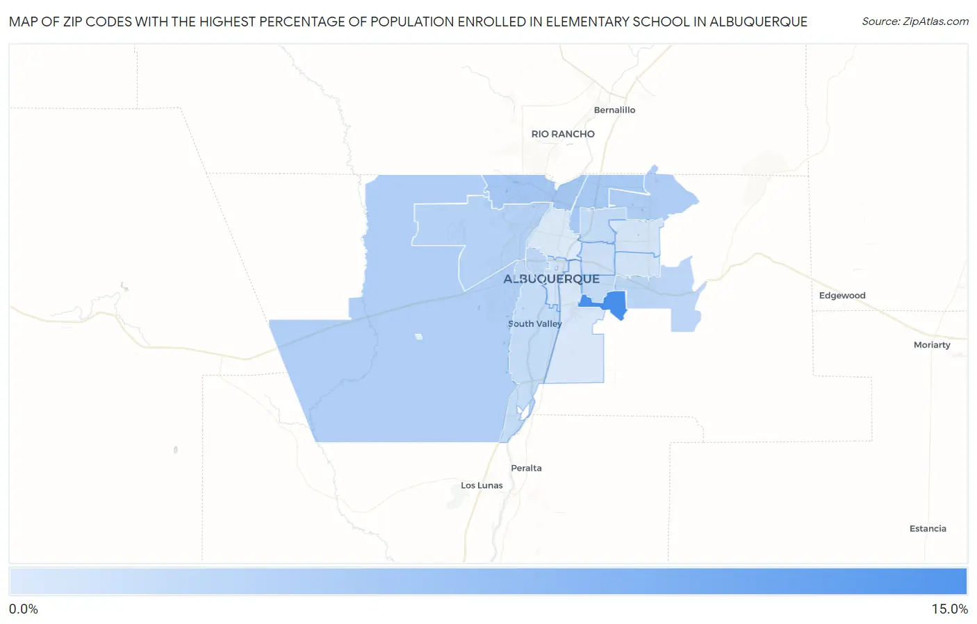 Zip Codes with the Highest Percentage of Population Enrolled in Elementary School in Albuquerque Map