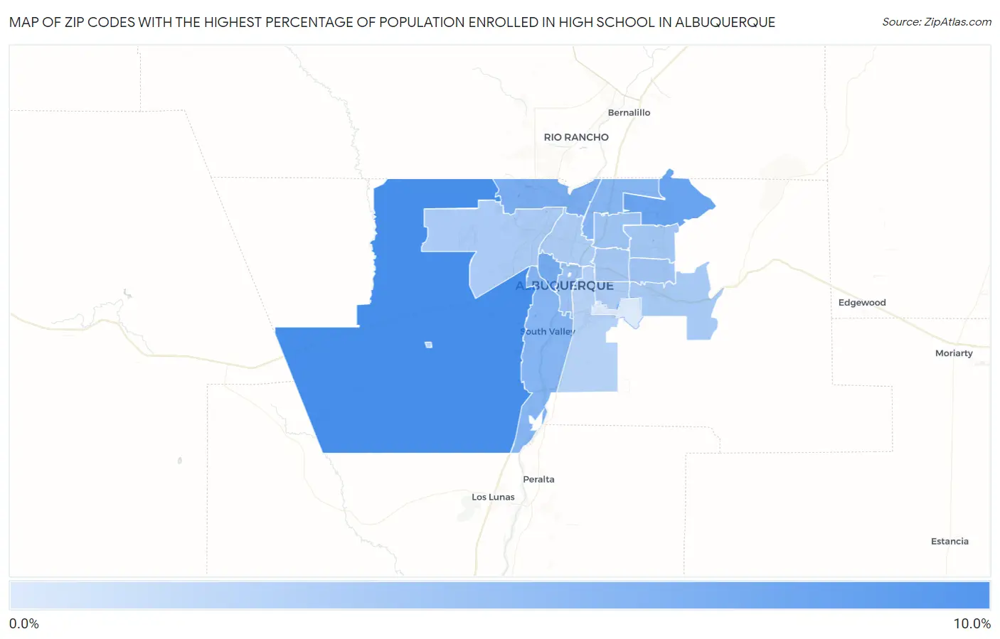 Zip Codes with the Highest Percentage of Population Enrolled in High School in Albuquerque Map