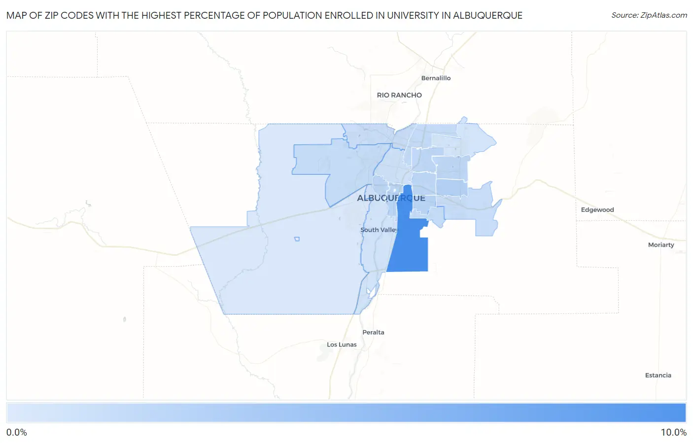 Zip Codes with the Highest Percentage of Population Enrolled in University in Albuquerque Map
