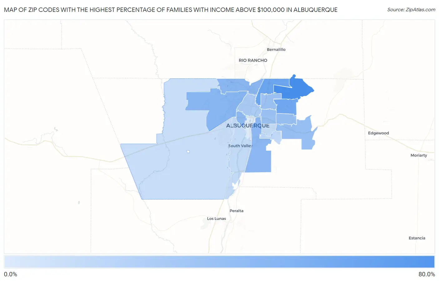 Zip Codes with the Highest Percentage of Families with Income Above $100,000 in Albuquerque Map