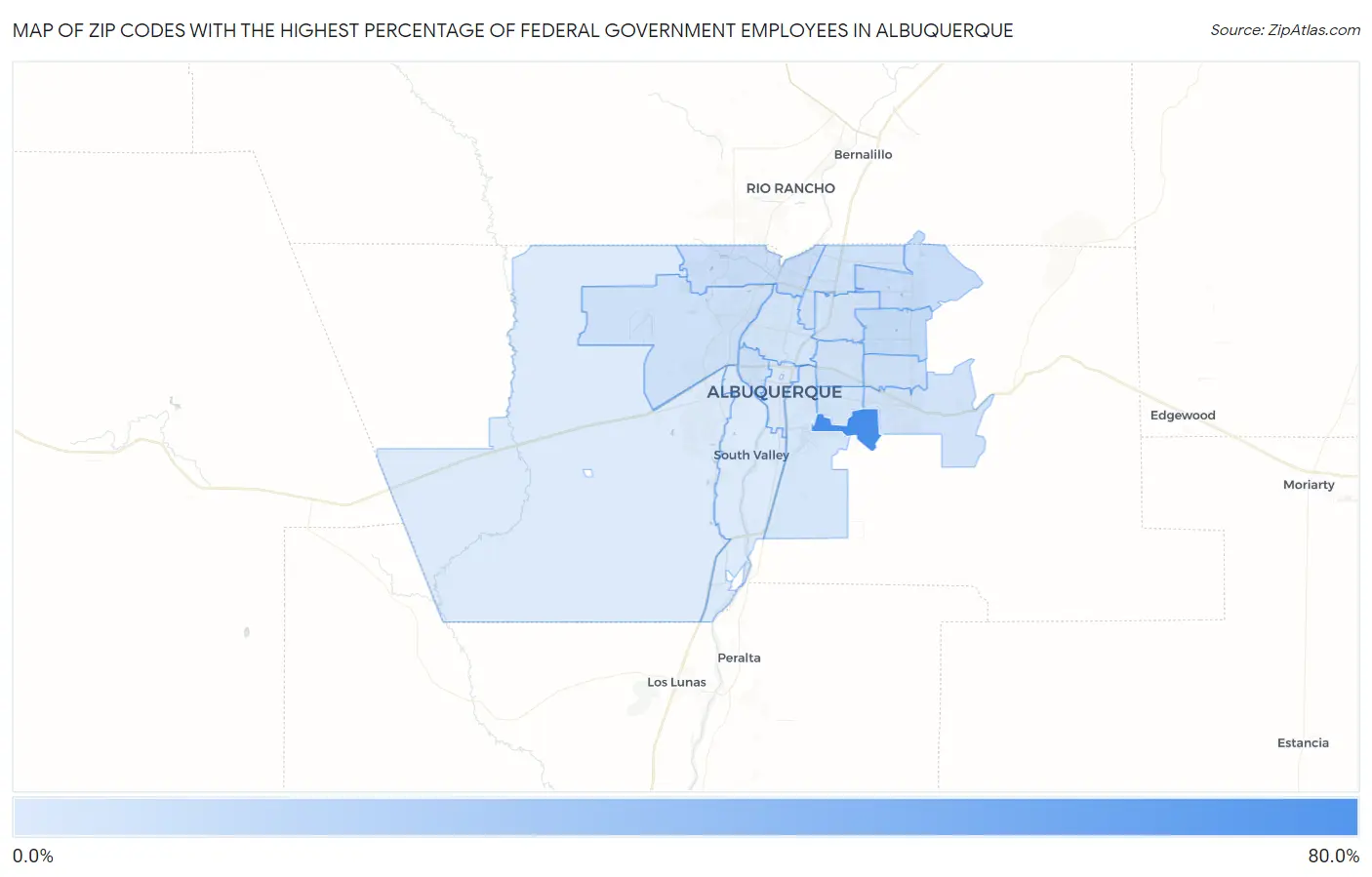 Zip Codes with the Highest Percentage of Federal Government Employees in Albuquerque Map