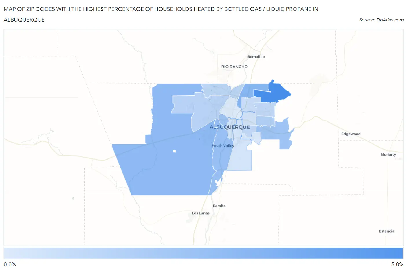 Zip Codes with the Highest Percentage of Households Heated by Bottled Gas / Liquid Propane in Albuquerque Map