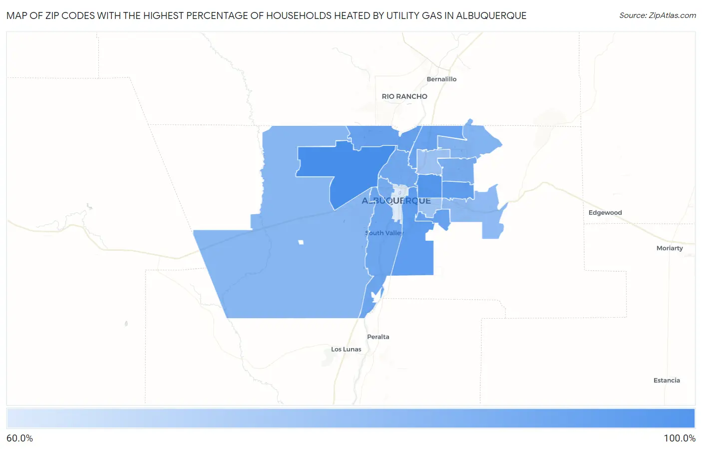 Zip Codes with the Highest Percentage of Households Heated by Utility Gas in Albuquerque Map