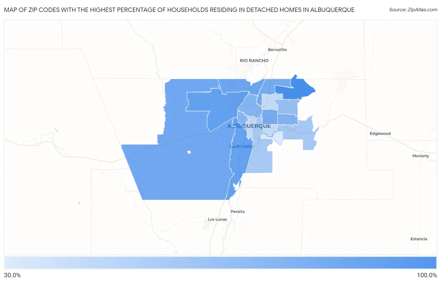 Zip Codes with the Highest Percentage of Households Residing in Detached Homes in Albuquerque Map