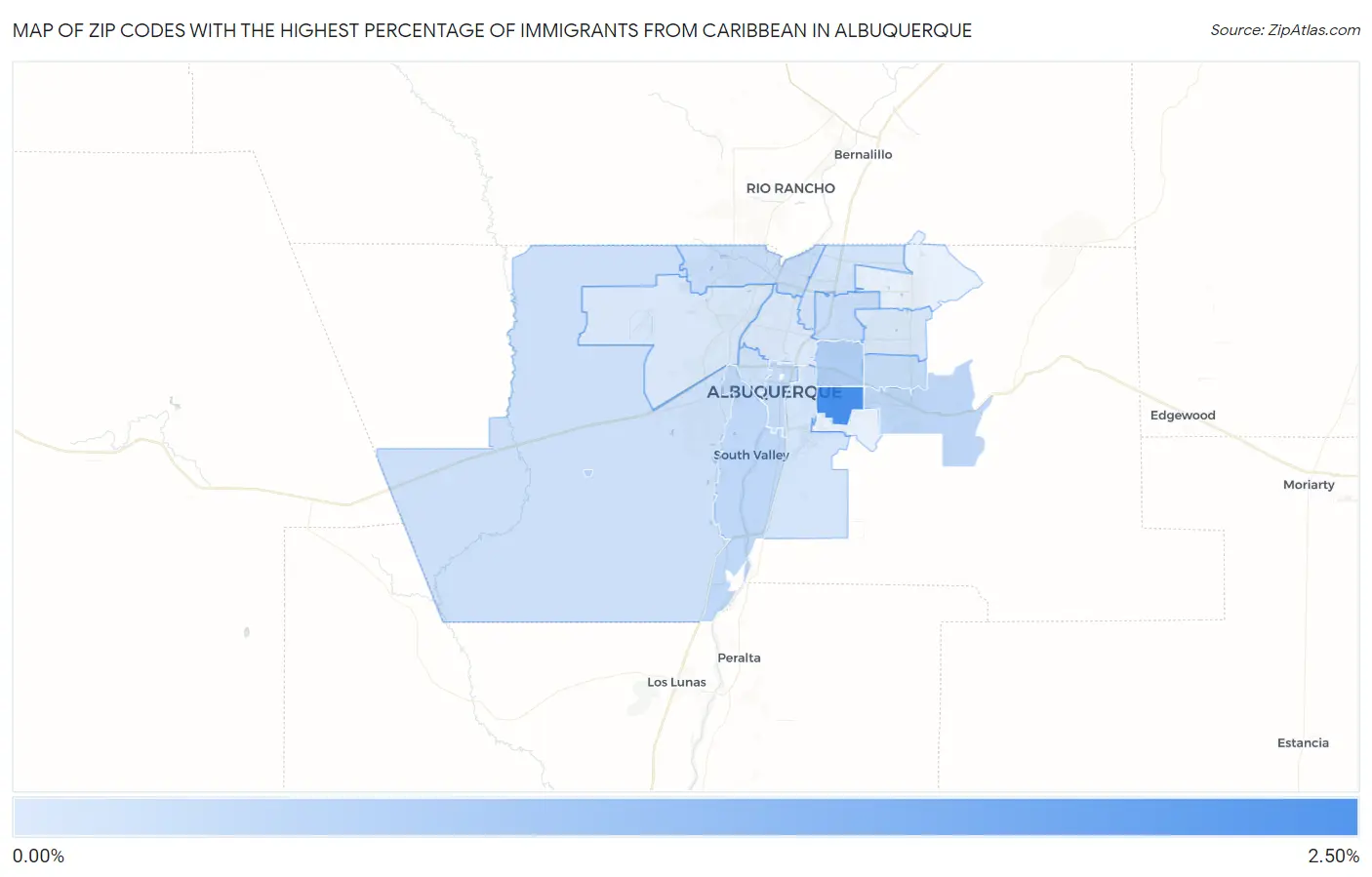Zip Codes with the Highest Percentage of Immigrants from Caribbean in Albuquerque Map