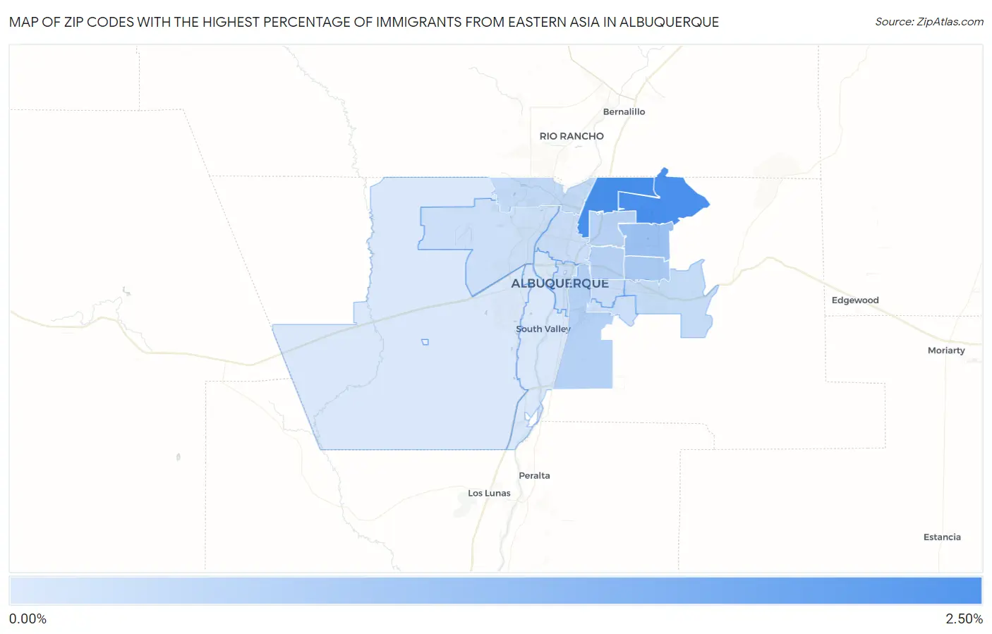 Zip Codes with the Highest Percentage of Immigrants from Eastern Asia in Albuquerque Map