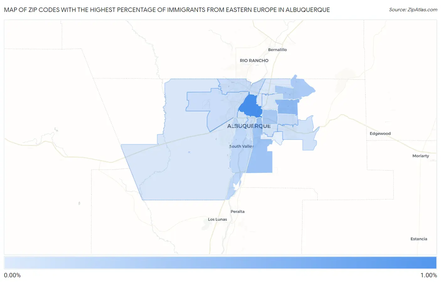 Zip Codes with the Highest Percentage of Immigrants from Eastern Europe in Albuquerque Map