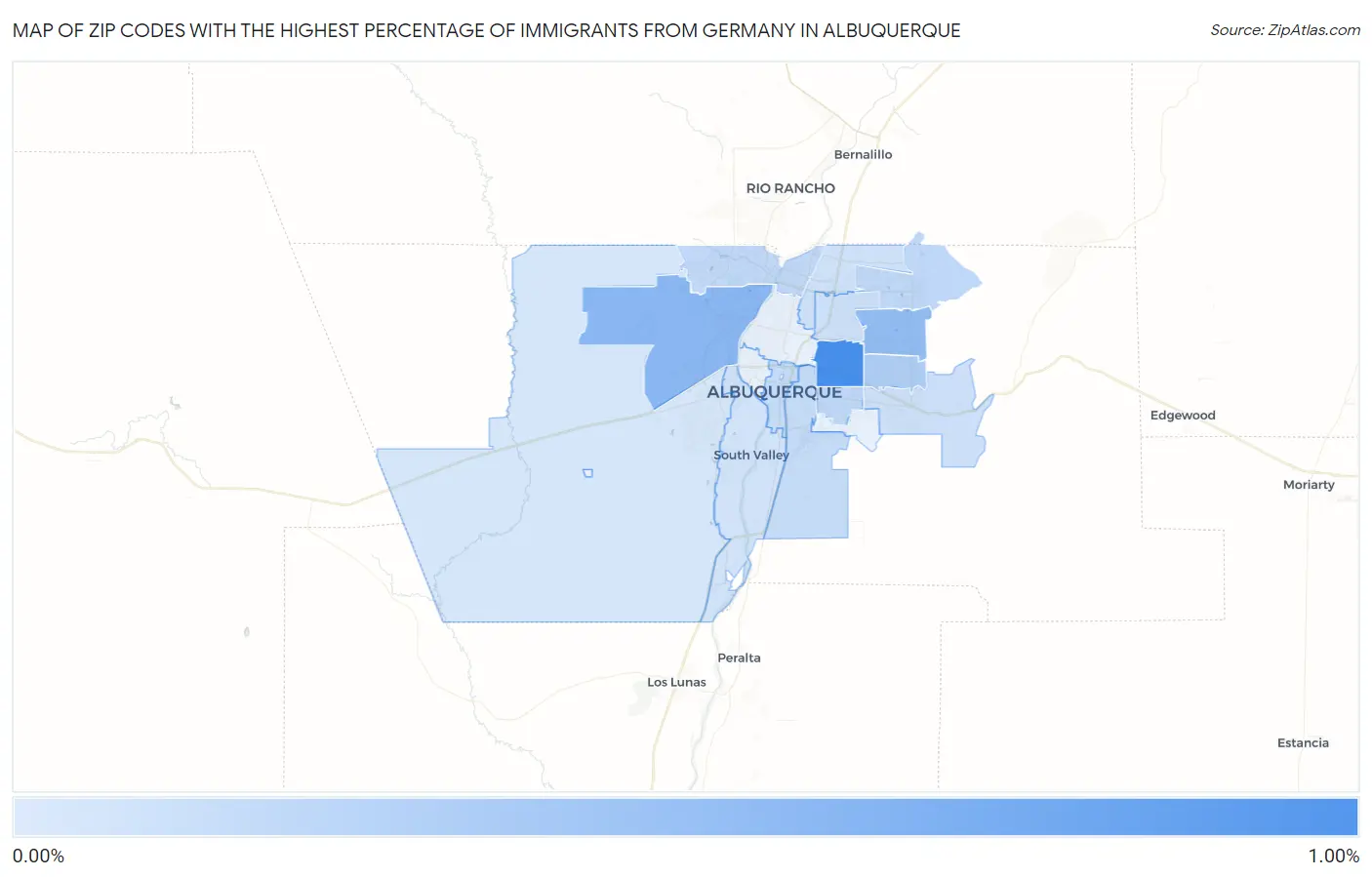 Zip Codes with the Highest Percentage of Immigrants from Germany in Albuquerque Map