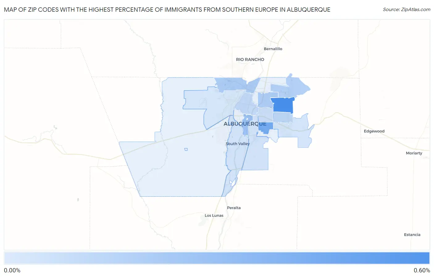 Zip Codes with the Highest Percentage of Immigrants from Southern Europe in Albuquerque Map