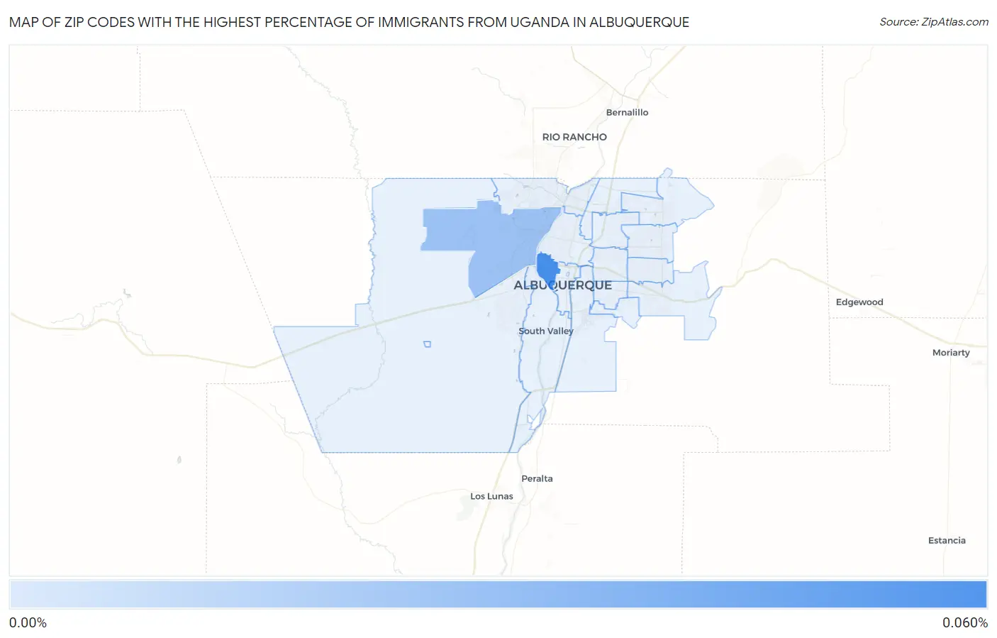 Zip Codes with the Highest Percentage of Immigrants from Uganda in Albuquerque Map