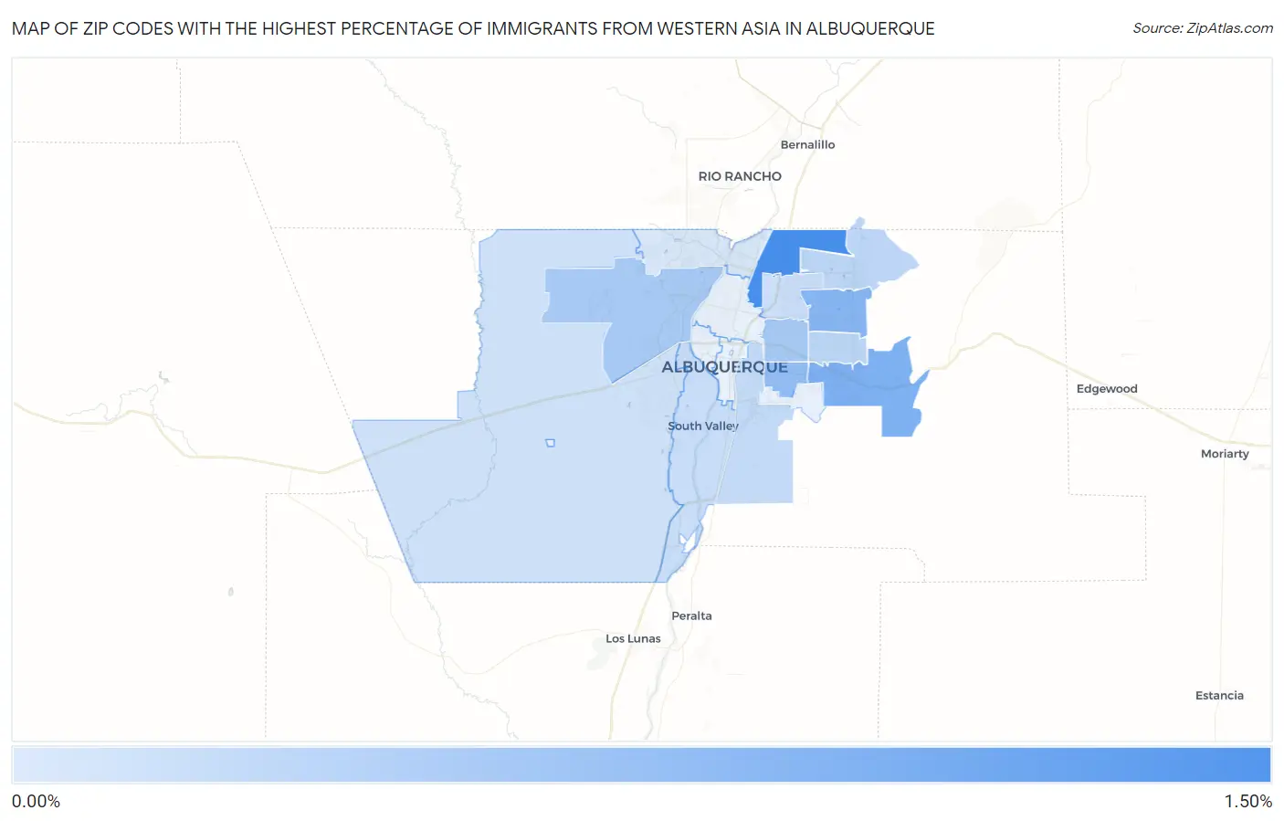 Zip Codes with the Highest Percentage of Immigrants from Western Asia in Albuquerque Map