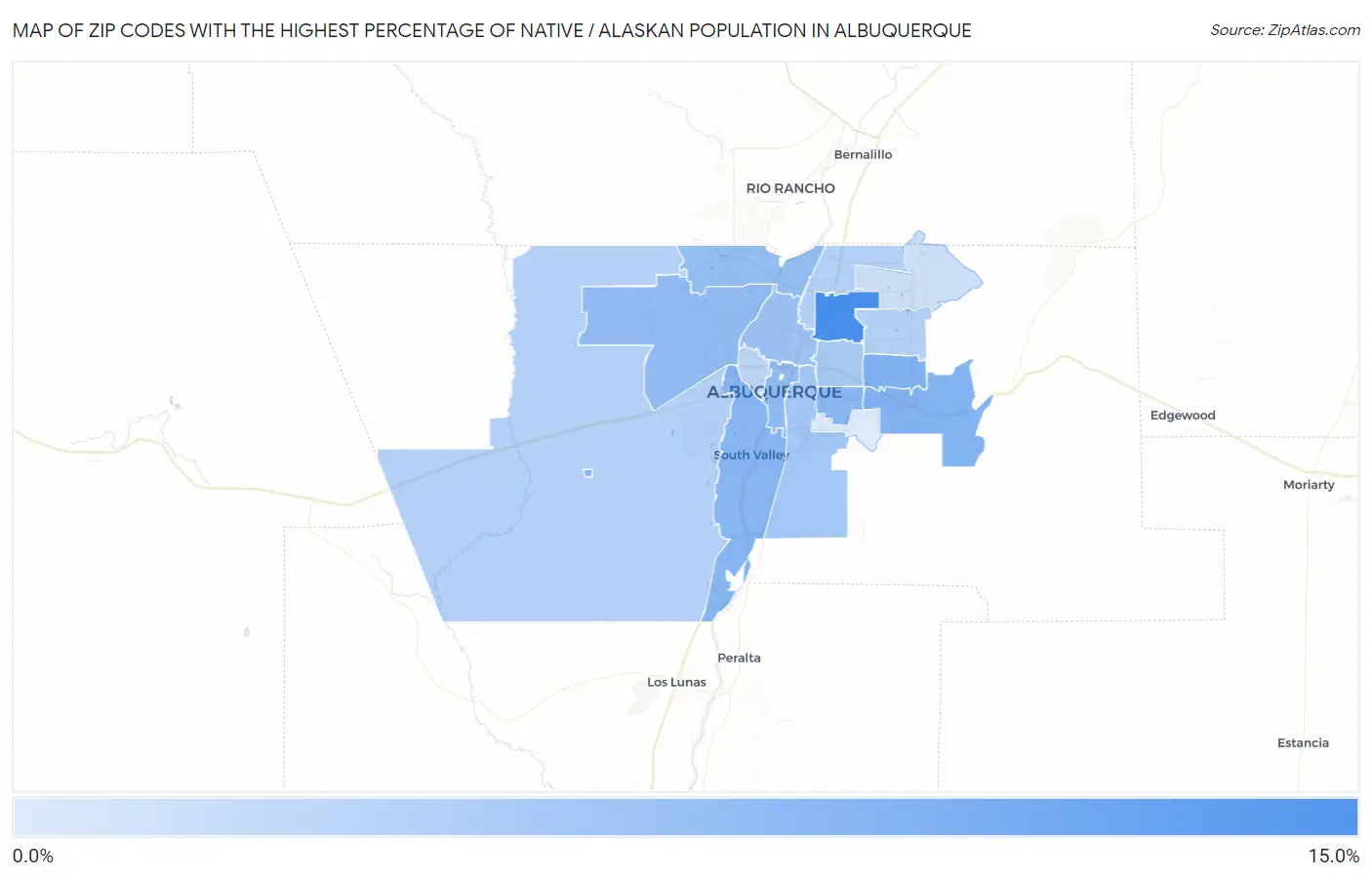 Zip Codes with the Highest Percentage of Native / Alaskan Population in Albuquerque Map