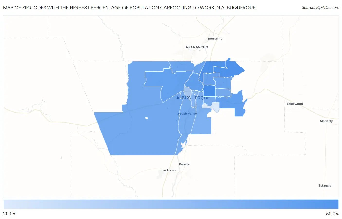 Zip Codes with the Highest Percentage of Population Carpooling to Work in Albuquerque Map