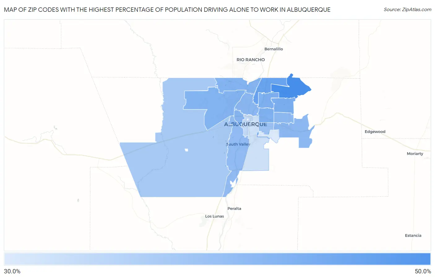 Zip Codes with the Highest Percentage of Population Driving Alone to Work in Albuquerque Map
