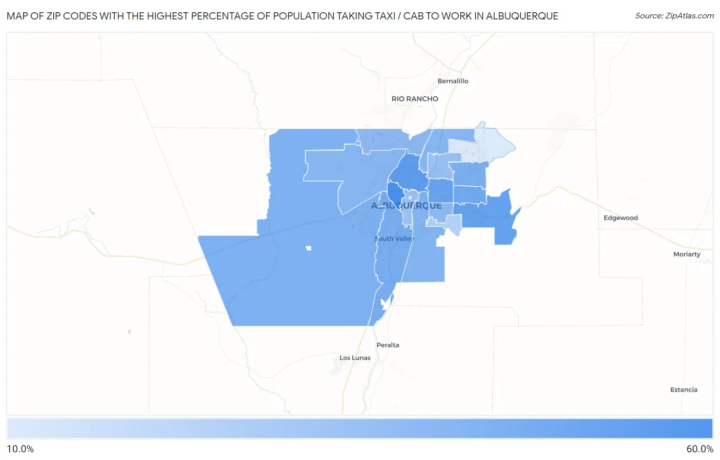 Zip Codes with the Highest Percentage of Population Taking Taxi / Cab to Work in Albuquerque Map
