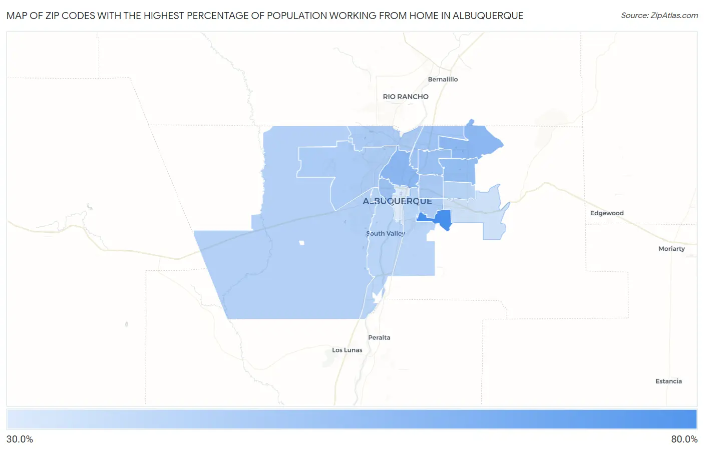 Zip Codes with the Highest Percentage of Population Working from Home in Albuquerque Map