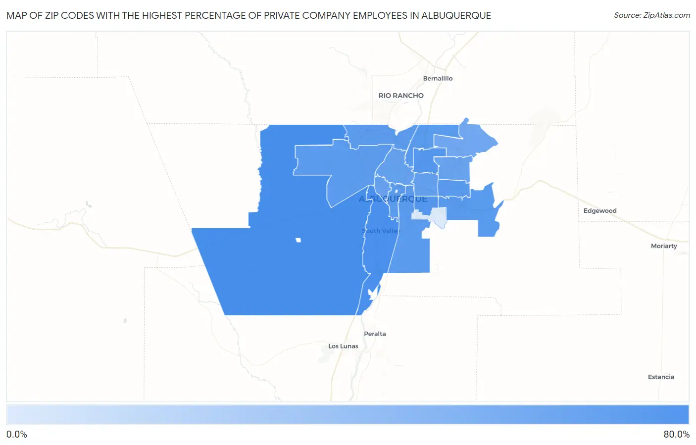 Zip Codes with the Highest Percentage of Private Company Employees in Albuquerque Map