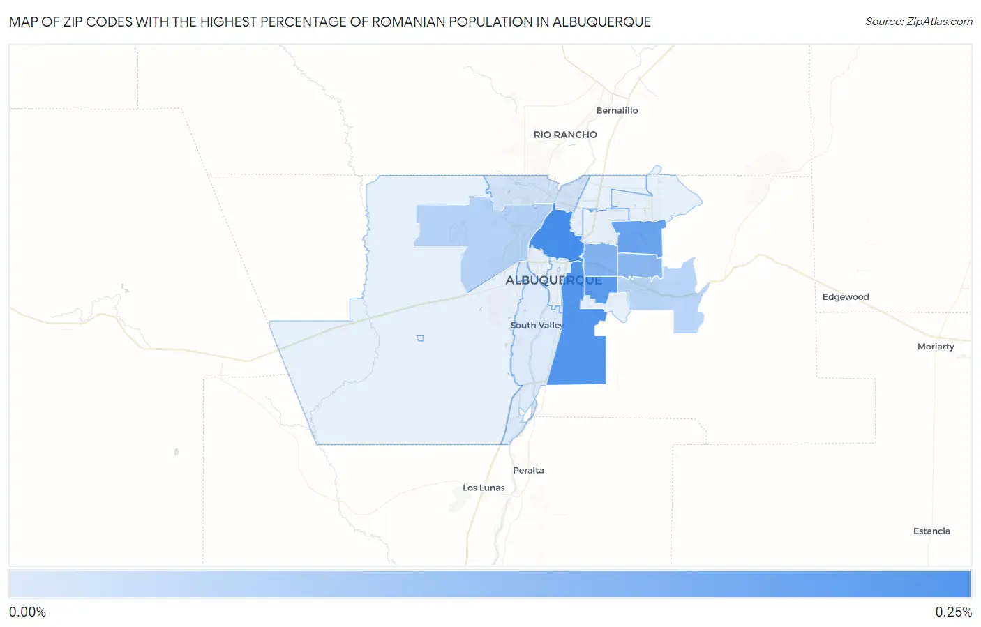 Zip Codes with the Highest Percentage of Romanian Population in Albuquerque Map