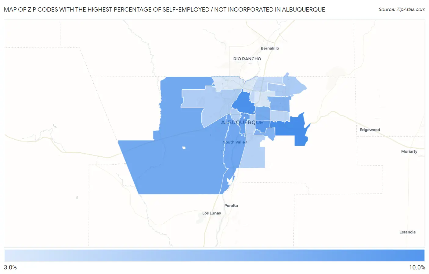 Zip Codes with the Highest Percentage of Self-Employed / Not Incorporated in Albuquerque Map