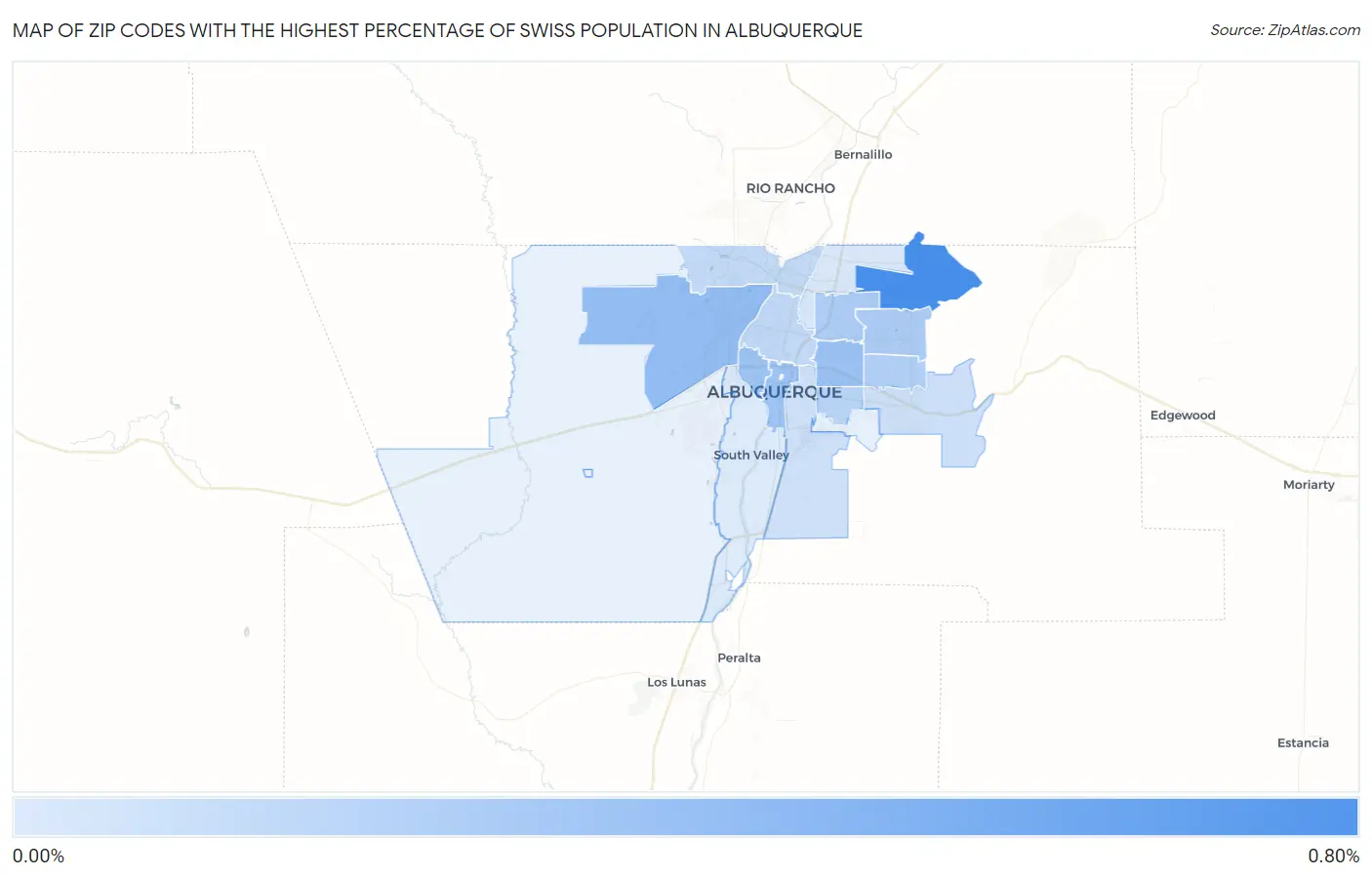 Zip Codes with the Highest Percentage of Swiss Population in Albuquerque Map