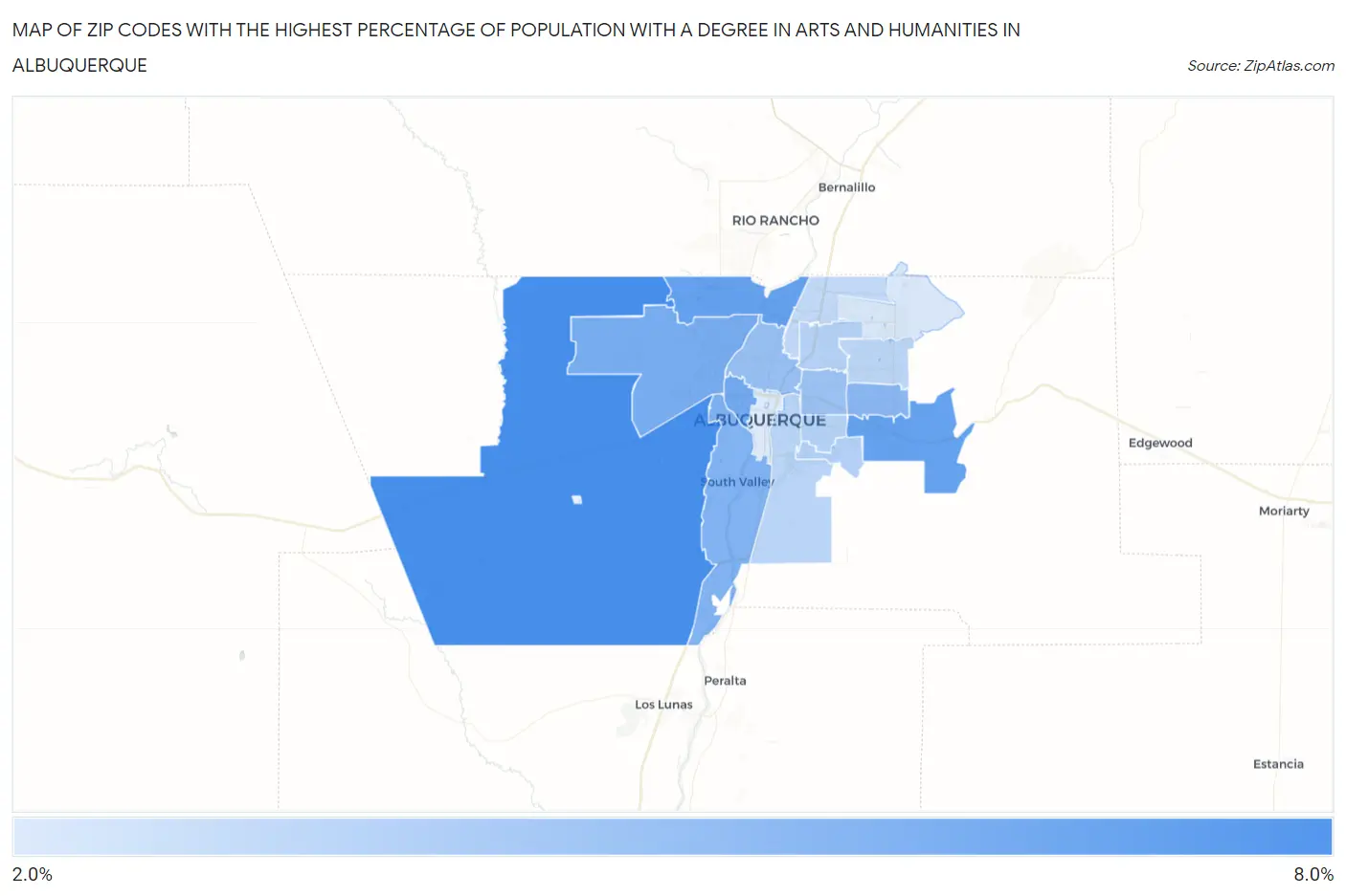 Zip Codes with the Highest Percentage of Population with a Degree in Arts and Humanities in Albuquerque Map