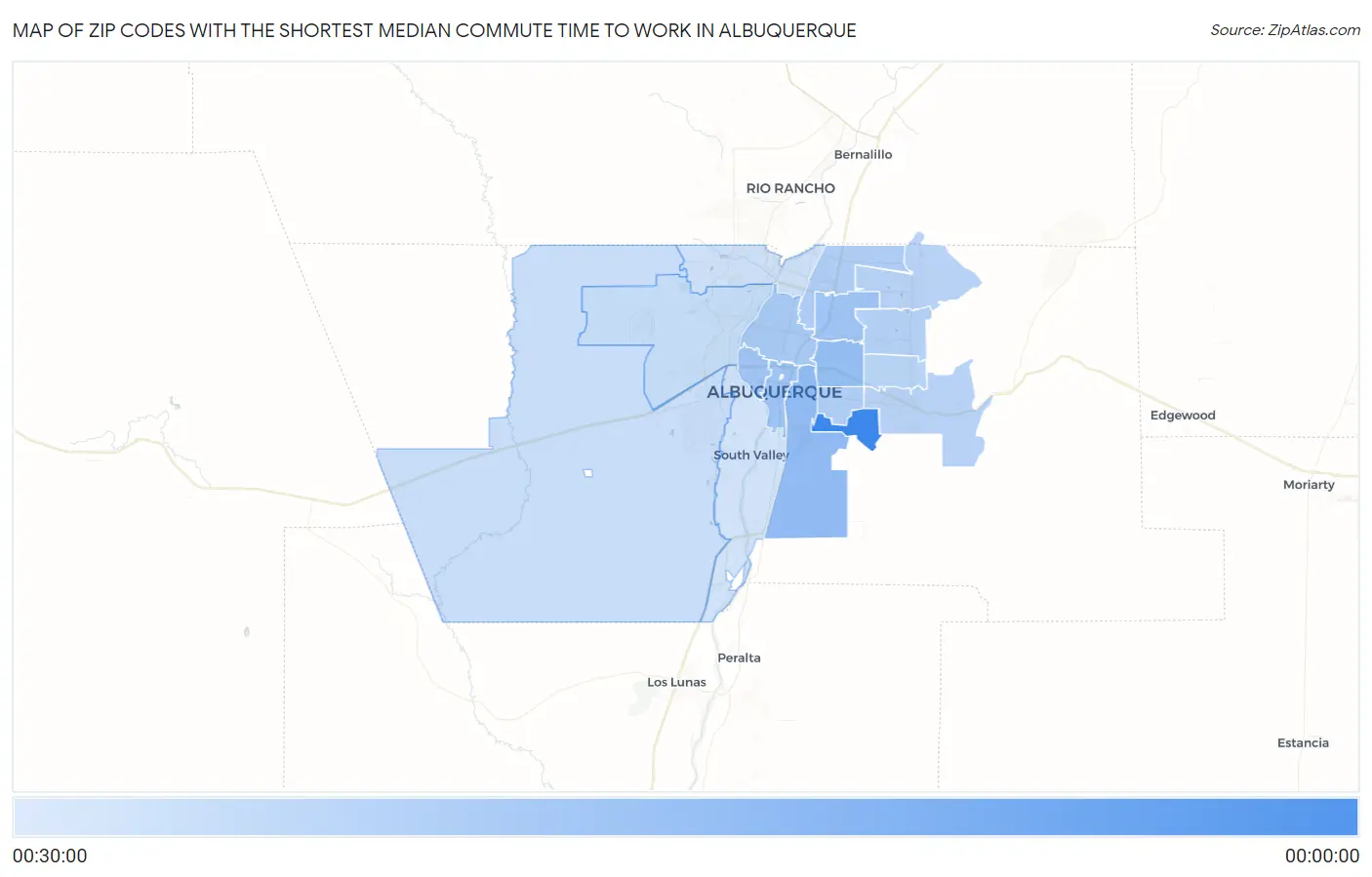 Zip Codes with the Shortest Median Commute Time to Work in Albuquerque Map