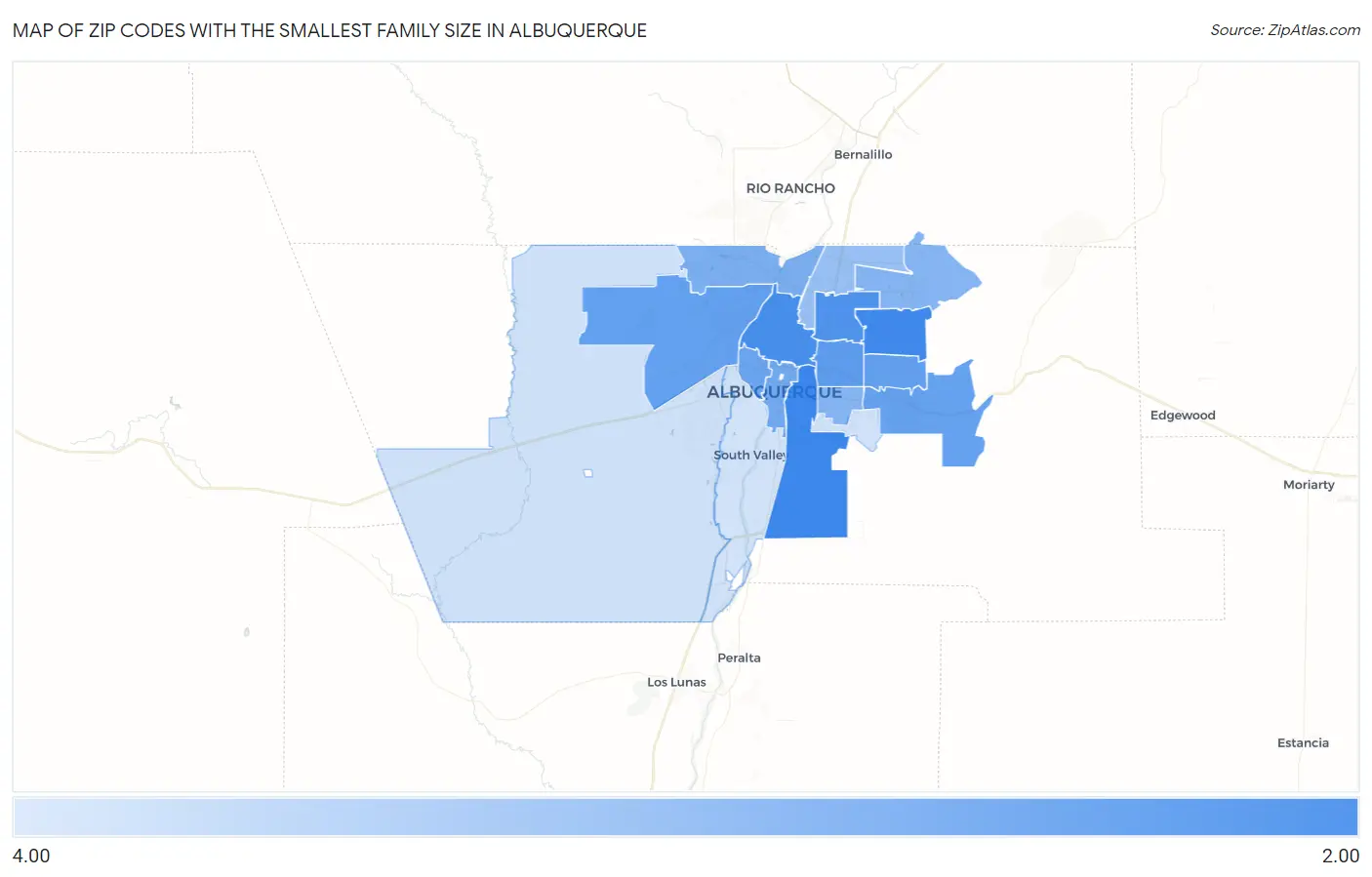 Zip Codes with the Smallest Family Size in Albuquerque Map