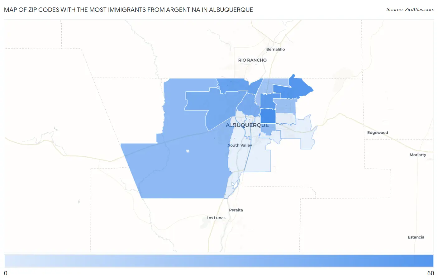 Zip Codes with the Most Immigrants from Argentina in Albuquerque Map