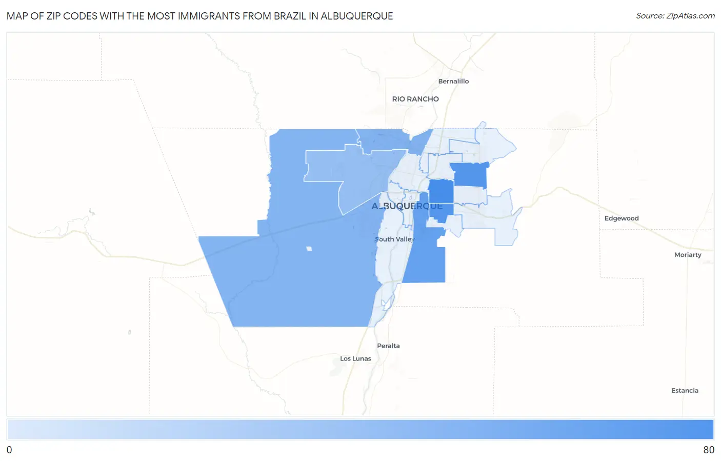 Zip Codes with the Most Immigrants from Brazil in Albuquerque Map