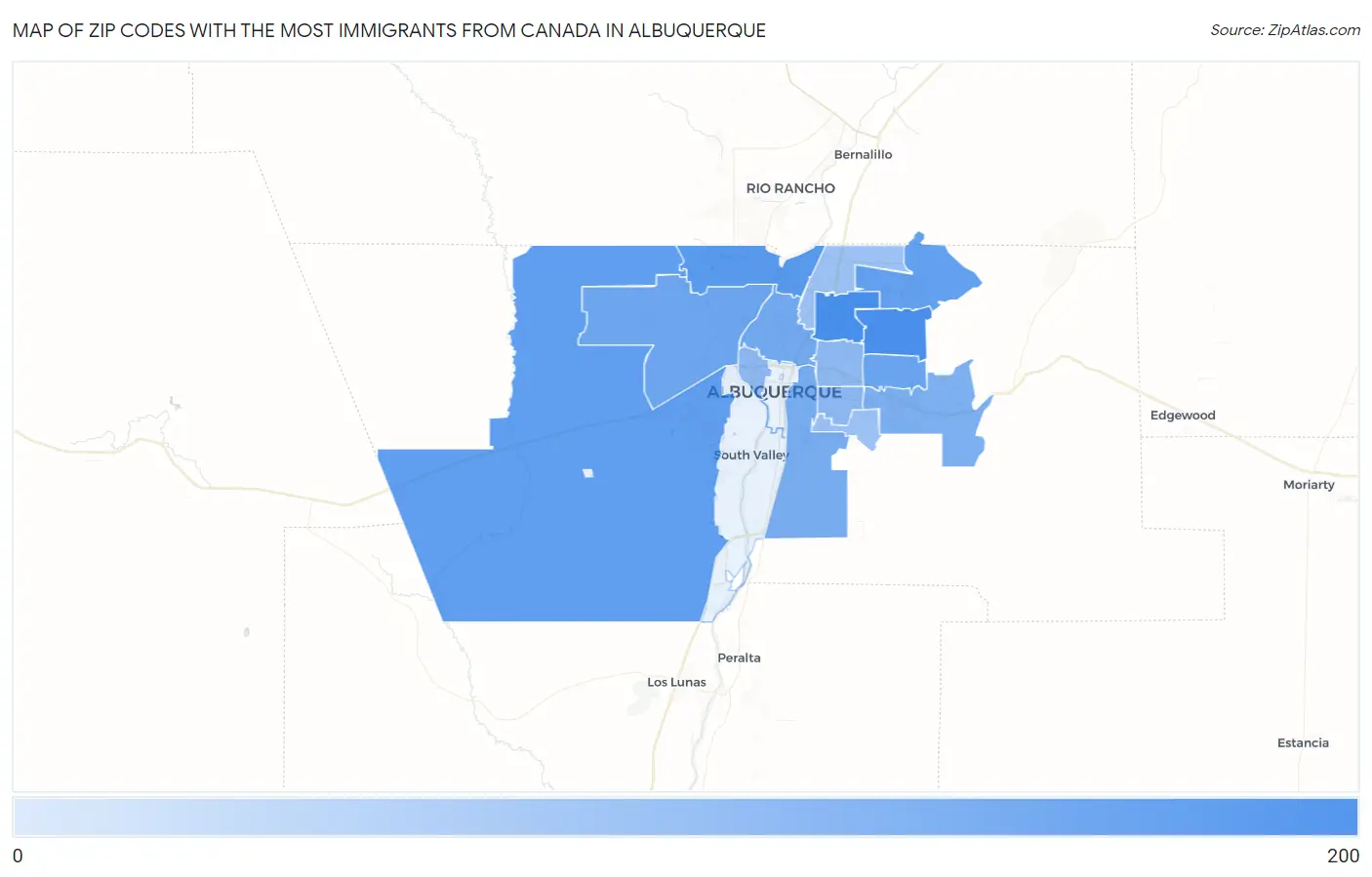 Zip Codes with the Most Immigrants from Canada in Albuquerque Map