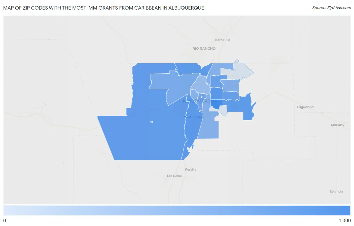 Zip Codes with the Most Immigrants from Caribbean in Albuquerque Map