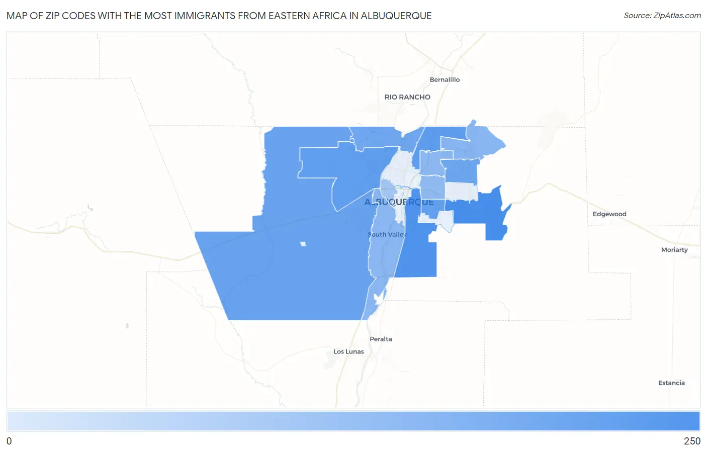 Zip Codes with the Most Immigrants from Eastern Africa in Albuquerque Map