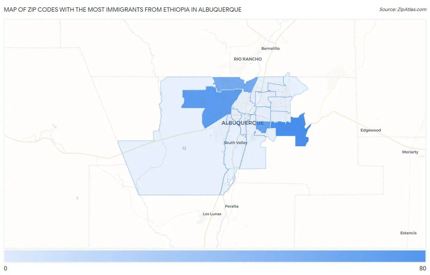 Zip Codes with the Most Immigrants from Ethiopia in Albuquerque Map