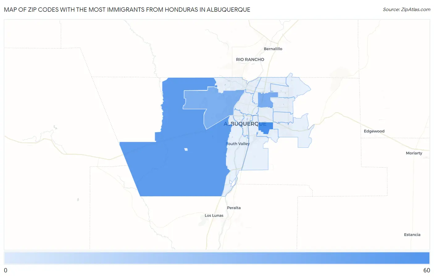 Zip Codes with the Most Immigrants from Honduras in Albuquerque Map